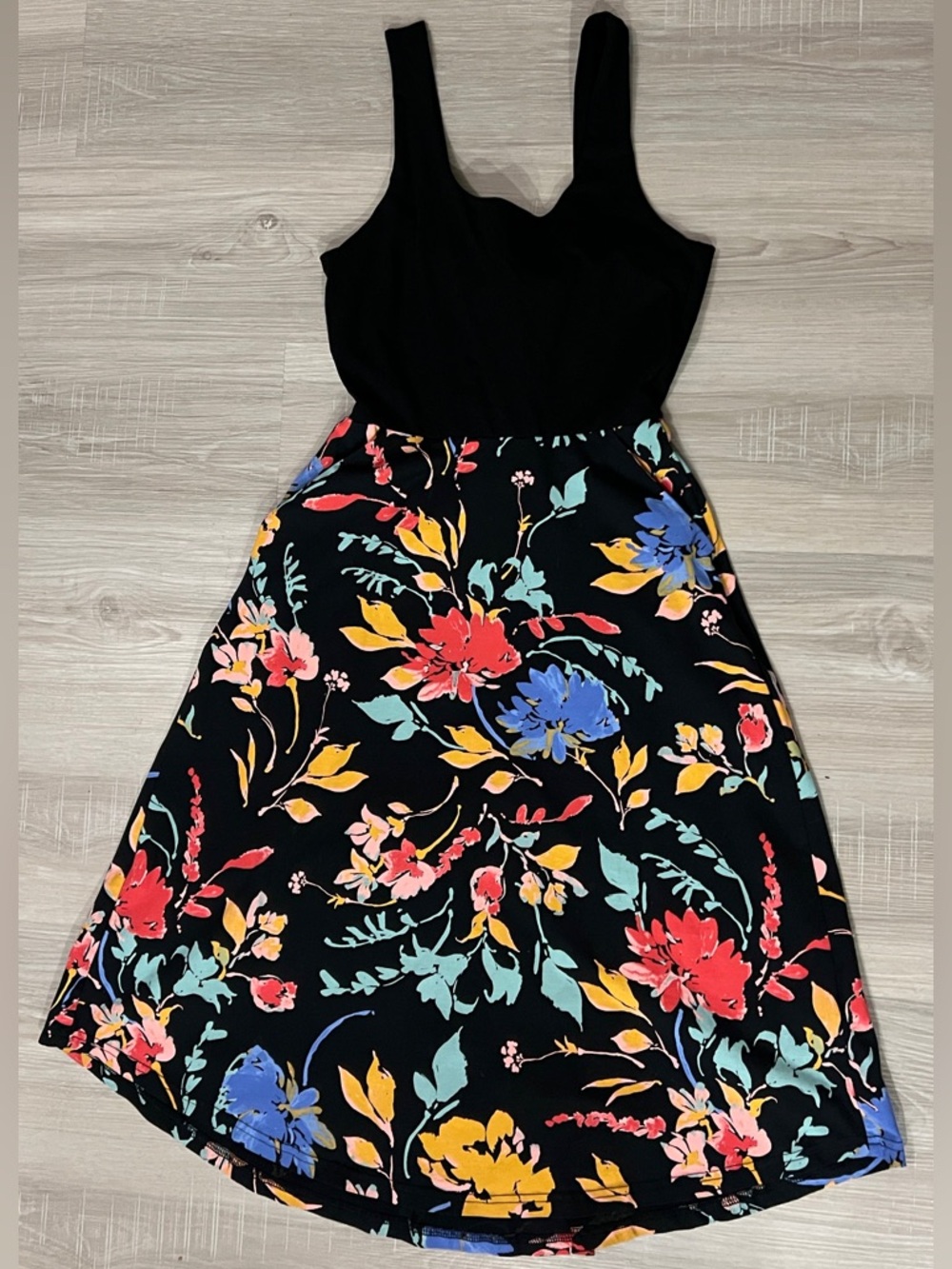 Floral Black A-Line Dress with Bold Multi-Color Print
